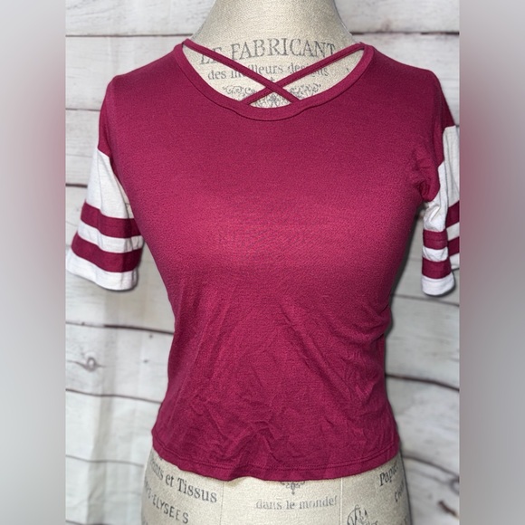 Takara Other - Takara Maroon and White Striped Sleeve Tee